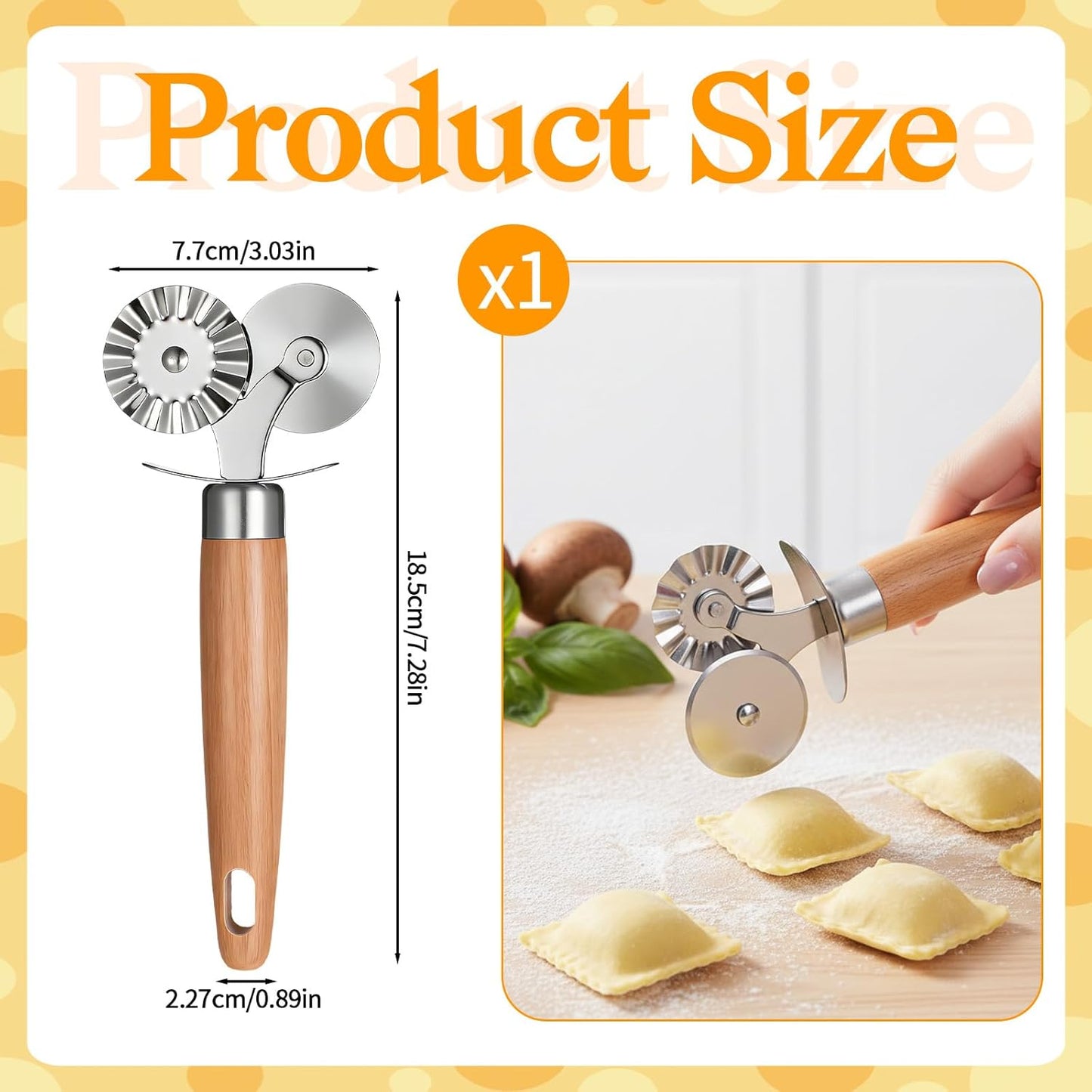 Dual Wheel Pastry Cutter, Ravioli and Pasta Wheel, Wood Handle | Fluted Pasta Ravioli Cutter, Stainless steel, Dual Head, Pastry Cutter Baking Tool, for Pasta Pizza Ravioli Cookie, Kitchen