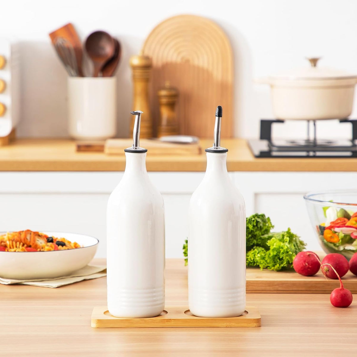 20 Oz Ceramic Olive Oil Dispenser Bottle, Oil and Vinegar, Cream