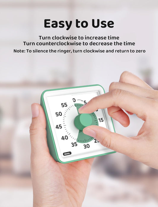 LIORQUE Visual Timer for Kids, 60 Minute Countdown Timer, Green | Non-Ticking, 3 Volume Levels with Mute Function, Timer for Kitchen Cooking Classroom ADHD, 2 AAA Batteries Included