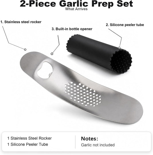 Garlic Press Rocker, Stainless Steel Mincer with Peeler | Silicone peeler, bottle opener handle, ginger crushing, dishwasher-safe rinse, compact drawer storage