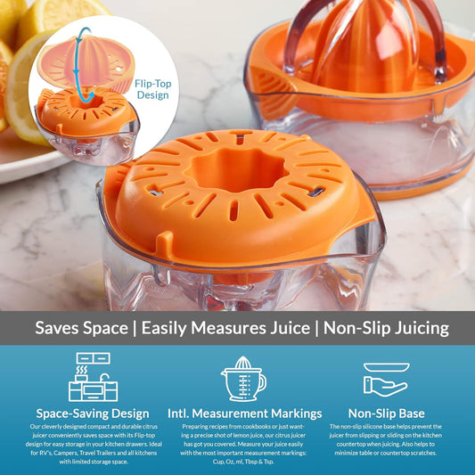 PortoFino Citrus Juicer, Lemon Squeezer, Orange Juicer, Manual Hand Juicer with Built-in Measuring Cup and Strainer, Space Saving Design, Pulp Control, Dishwasher Safe, 8oz