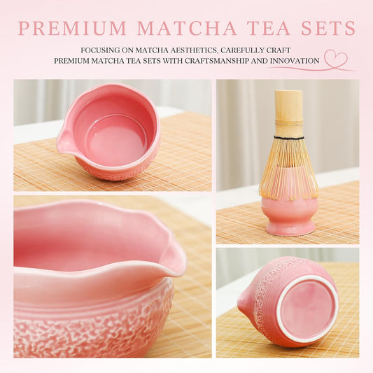 Pink Matcha Set, 8 Pcs Complete Ceramic Matcha Making Kit with Bowl, Bamboo Whisk & Holder, Stainless Sifter, Tea Towel, Scoop & Scoop Rest