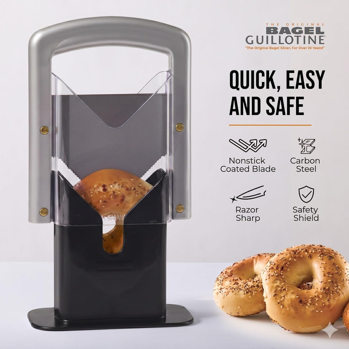 Bagel Biter Bagel Slicer and Cutter with Safety Shields - Guillotine Style Bagel Cutter Slicer for Large and Small Bagels, English Muffins, Buns, and Rolls - Compact, Dishwasher Safe