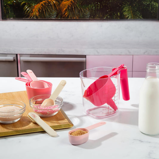 Paris Hilton 9-Piece Measuring Set, Durable Plastic Measuring Cups and Spoons With Funnel and Leveler, Dishwasher Safe, Pink