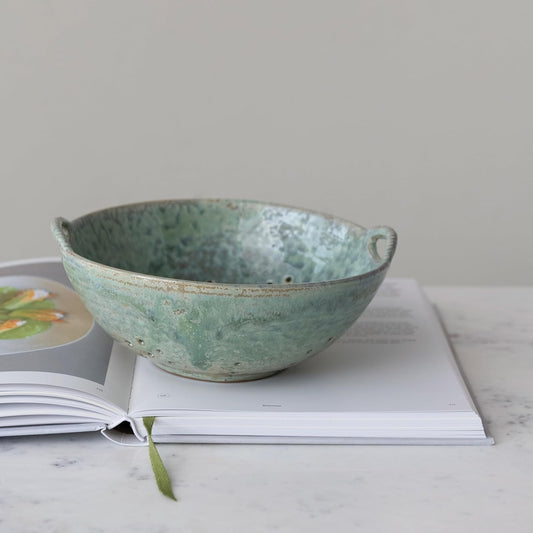 Stoneware Berry Bowl with Handles, Aqua Reactive Glaze
