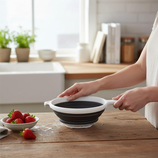 8" Round Space Saving Collapsible Silicone Kitchen Colander Food Strainer with Handle - White (1 Pack)