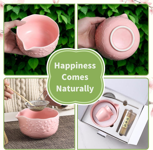Matcha Whisk Set, 5 Pcs Ceramic Matcha Set, Matcha Kit Set Includes Matcha Bowl, Matcha Whisk and Holder, Bamboo Scoop and Sifter, Matcha Tea Set, Ideal Gift for Family/Friend (Pink)