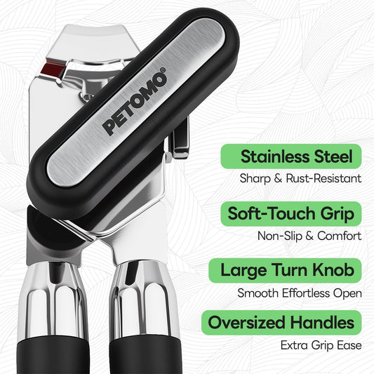 Stainless Steel Manual Can Opener with Bottle Opener - Razor Sharp Cutting Wheel, Soft Ergonomic Grip Handles, Oversized Easy-Turn Knob, Smooth Edge Safe Operation, Black