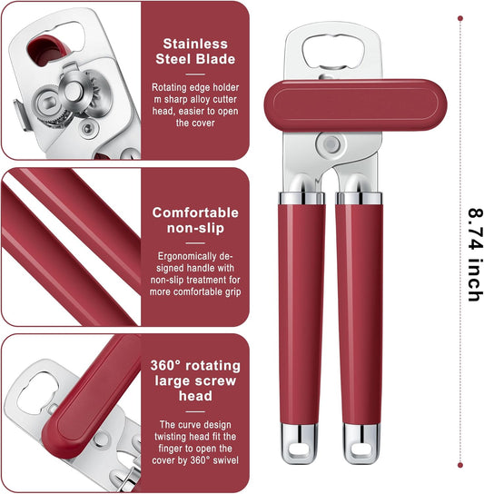 XL Large Heavy Duty Can Opener Manual Smooth Edge, Hand Held Can Openers for Seniors, Stainless Steel, Comfortable Handle, Built-in Bottle Opener, 8.66 inch (Red)