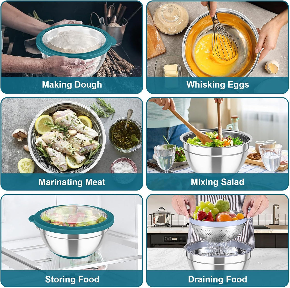 Mixing Bowls with Colander, Stainless Steel Salad Bowls, Khaki