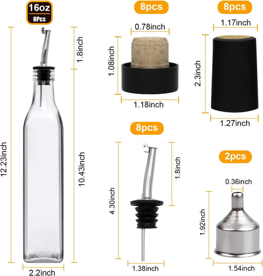 8Pcs 17oz Olive Oil Dispenser Bottle, Oil Dispenser for Kitchen | Glass Cooking Oil Dispenser, Vinegar Cruet Bottle with Pourers, Oil and Vinegar Dispenser Set with Pourers, Corks, Caps