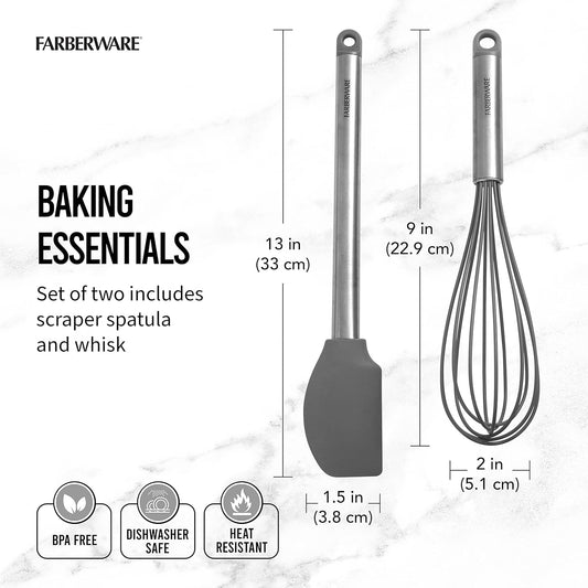 Pro Whisk and Spatula Set, Stainless Steel Handles with Heat Resistant Silicone Heads, 2-Piece Baking and Cooking Kitchen Utensils Set, Dishwasher Safe