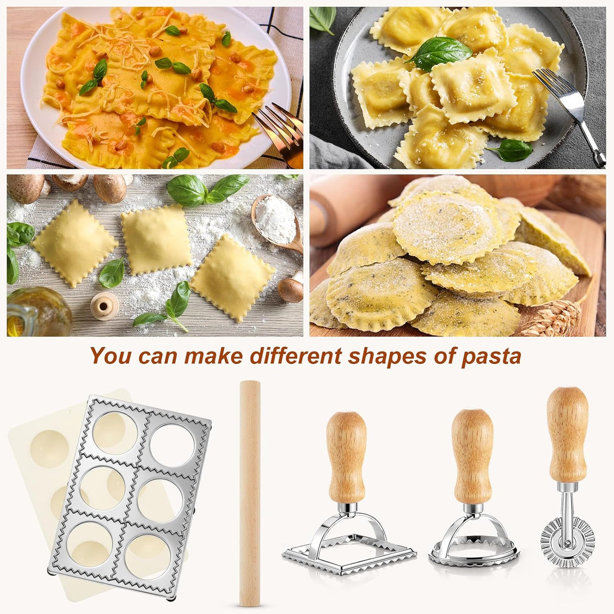 5 Pcs Ravioli Mold Set 2 Inch Square Ravioli Maker Cutter Kit with 12-Hole Raviolis Press 3 Pasta Cutter Stamps Wooden Rolling Pin Pasta Making Tool for Homemade Raviolis Home Restaurant Use
