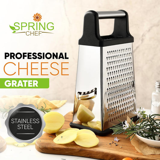 Stainless Steel XL Cheese Grater for Kitchen, Black | 4 Sided Manual Metal Box Grater for Carrot, Potato, Parmesan, Cheese Shredder, Professional Vegetable Grater, Dishwasher Safe