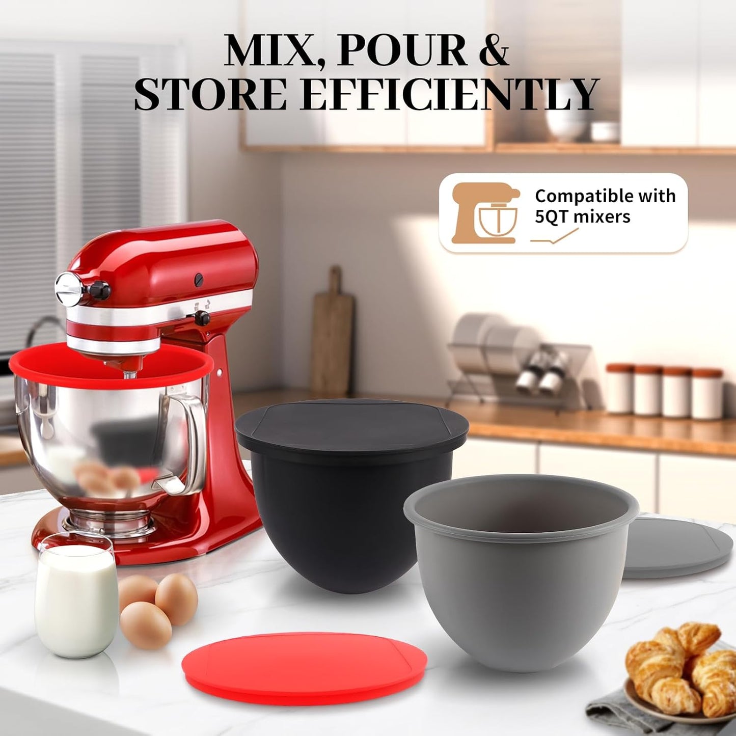 5QT Glass Bowl Compatible with KitchenAid 4.5 and 5-Quart Tilt Stand Mixers,Glass Mixing Bowl with Lid, Measurement Markers and Handle