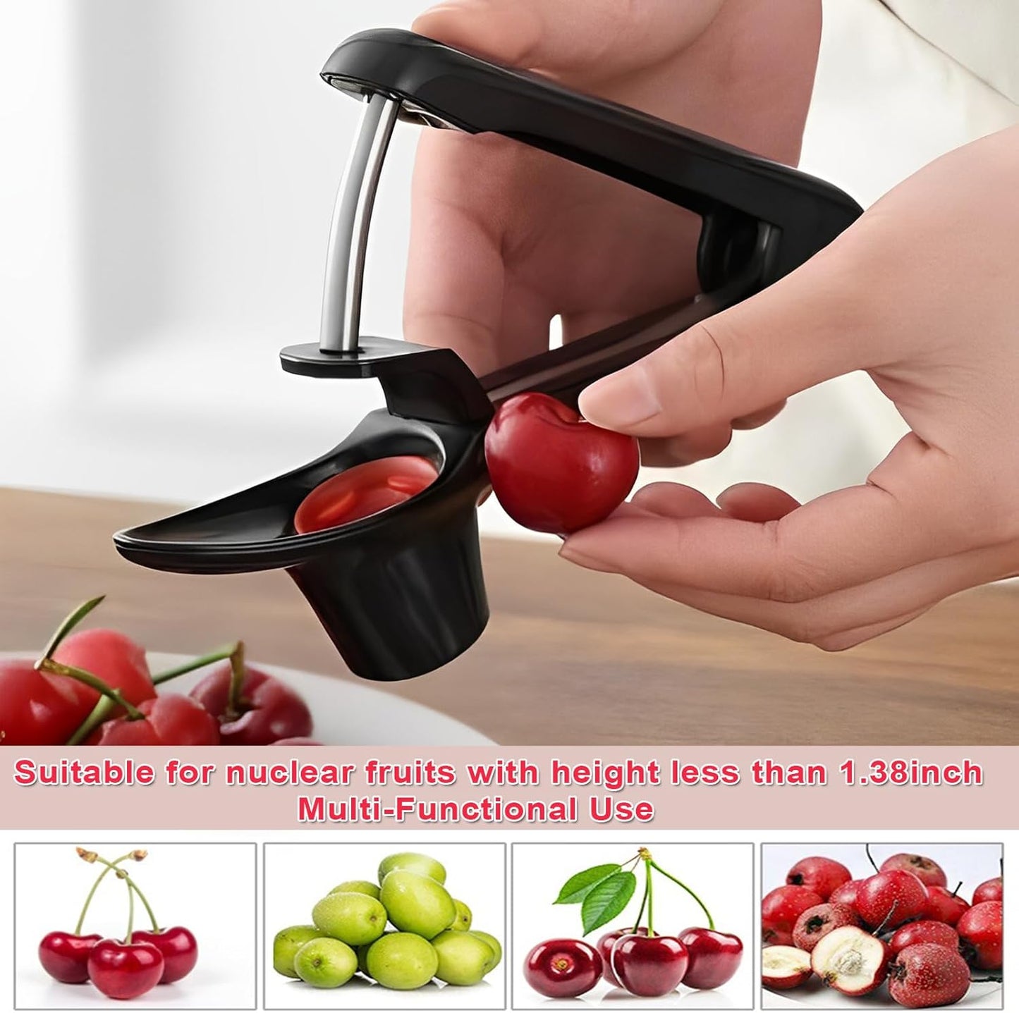 Cherry Pitter Tool, Heavy-Duty Stainless Steel Olive and Cherry Pitters Corer Tool with Space-Saving Lock Design, Multi-Function Cherries Stoner Seed Remover Tool for Making Cherry Jam (Black)