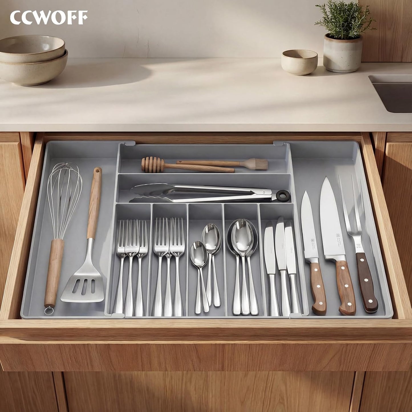 Extra Large Silverware Organizer, 9 Slot Expandable Kitchen Drawer Organizer, Utensil Holder, Heavy Duty Stainless Steel Frame Silverware Drawer Organizer, 8 Non-Slip Feet Included, BPA Free, Black