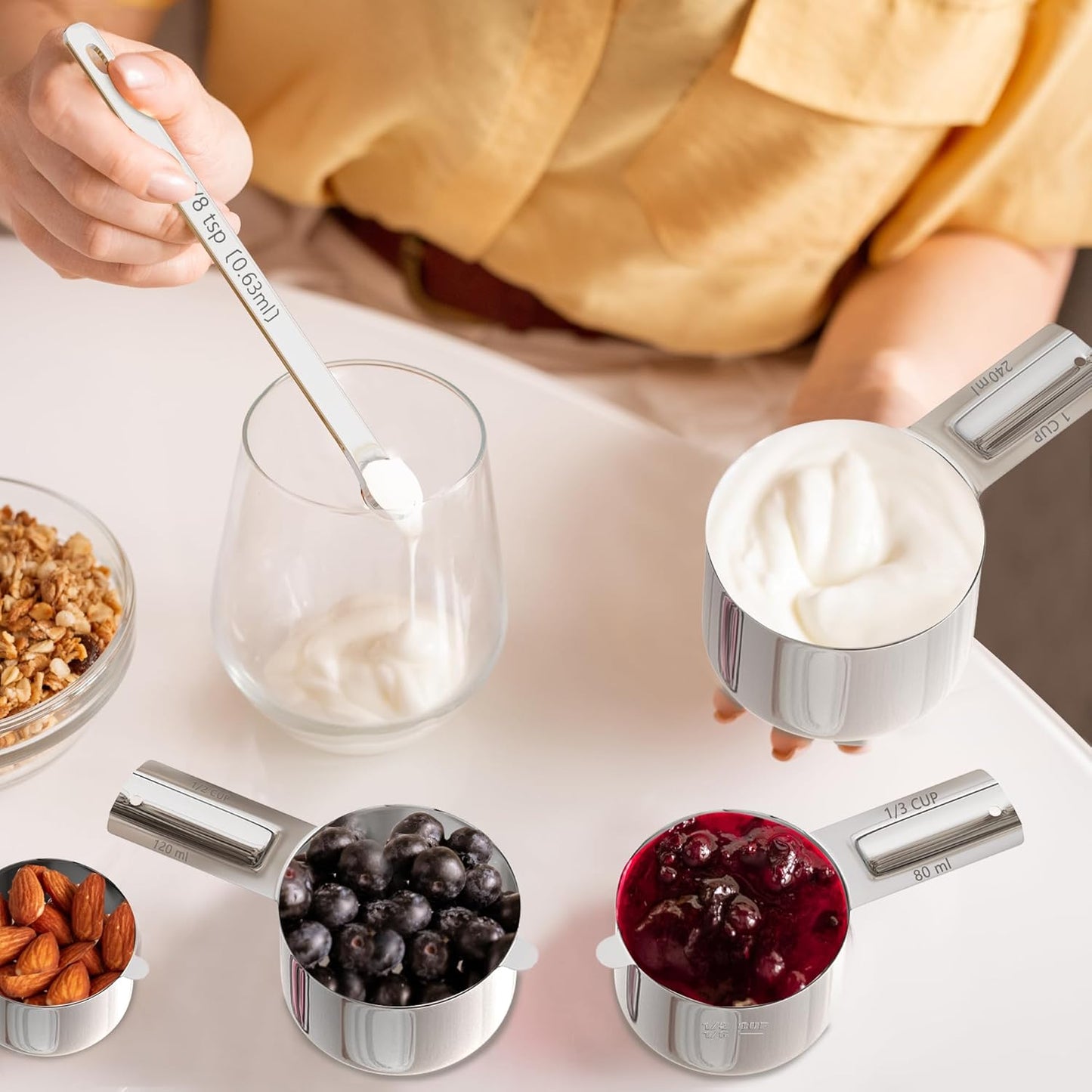 Magnetic Measuring Cups and Spoons Set, 7 Nesting Stainless Steel Measuring Cup Set with Easy to Read Markings, 7 Magnetic Measuring Spoons & 1 Leveler for Measuring Dry or Liquid Ingredients