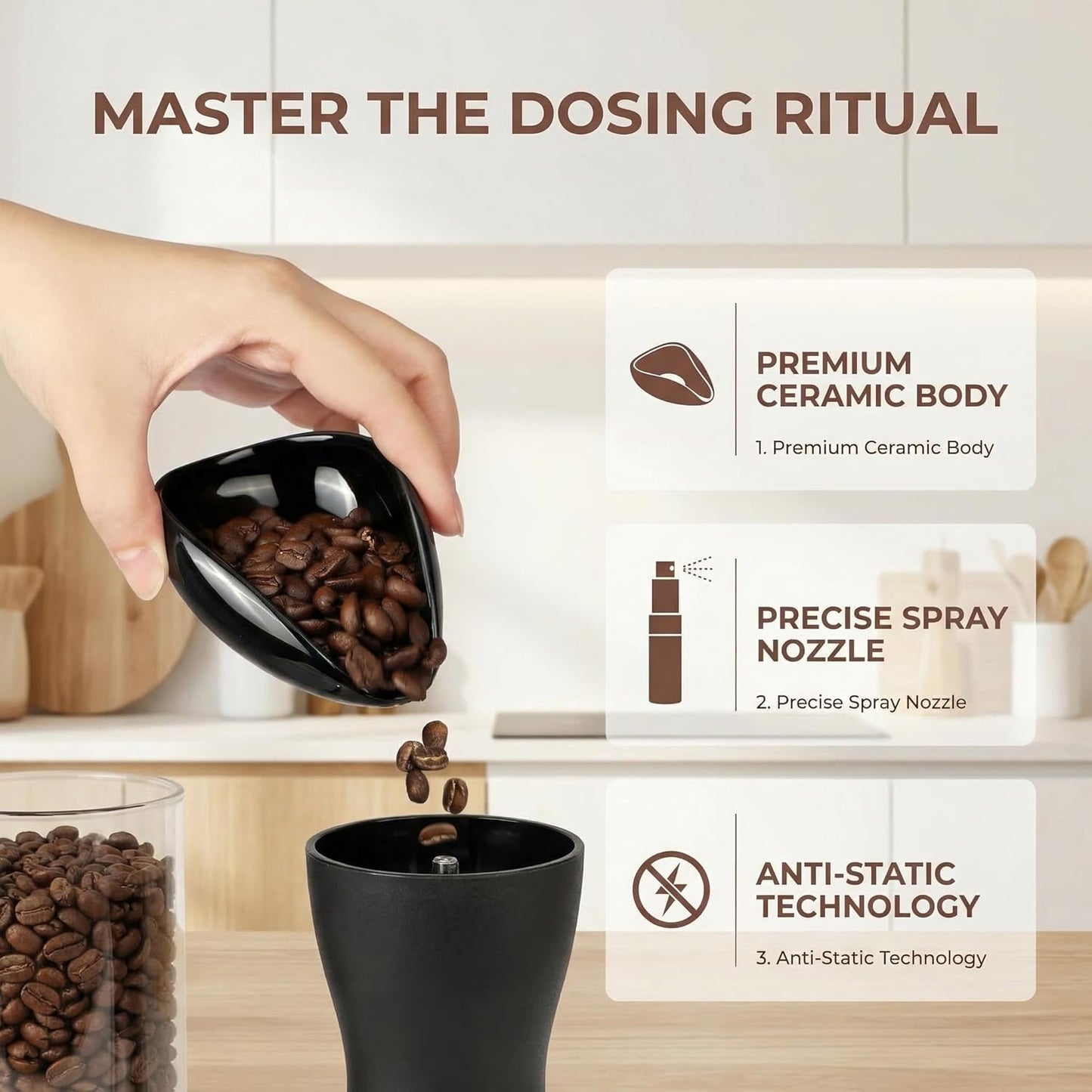 Ceramic Coffee Bean Dosing Cup and Spray Bottle Set, Espresso Bean Measuring Cup with Anti-Static RDT Sprayer Kit for Home Barista and Coffee Lovers