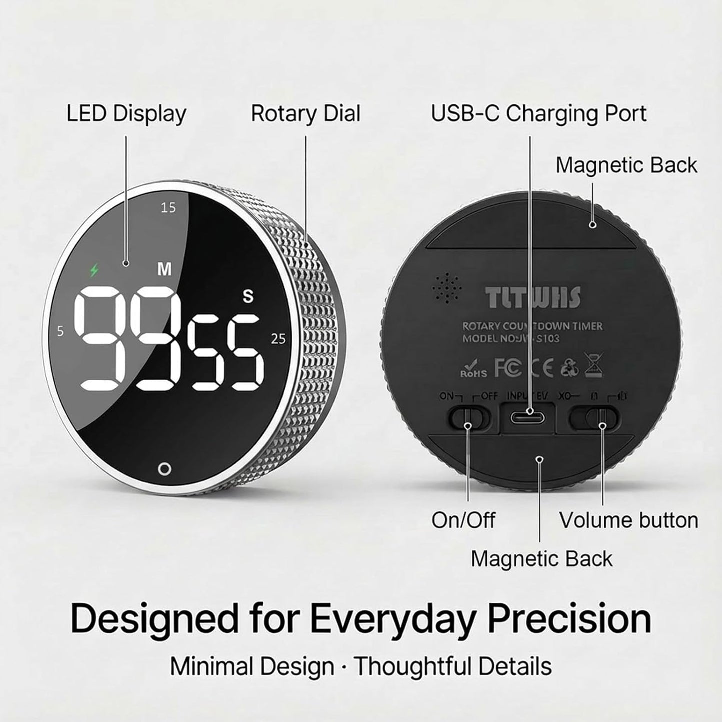 Rechargeable Magnetic Kitchen Timer, LED Countdown/Count-Up Timer, Supports USB-C Charging, with Loud Alarm, 3 Preset Quick Times (5/15/25m), Perfect for Kitchen Cooking, Studying, and Fitness