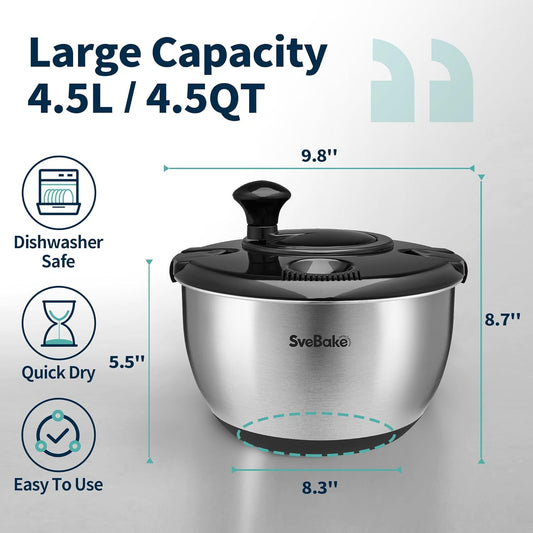 Stainless Steel Salad Spinner, 4.8 Qt Vegetable Washer, BPA-Free Lettuce Dryer with Crank Design, Dishwasher Safe, Non-Slip Base - Transparent Lid
