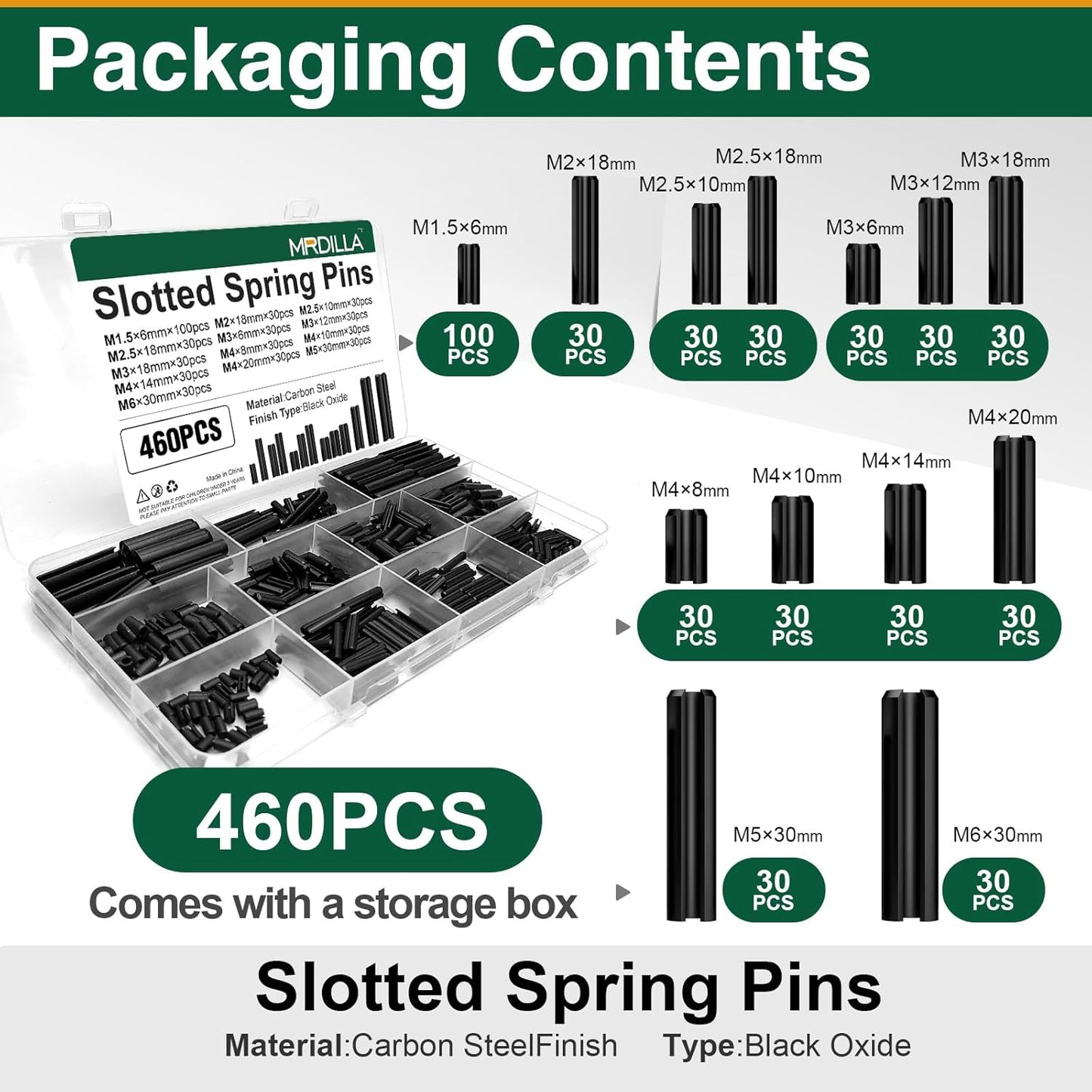 Mrdilla 460 Pcs Roll Pin Assortment, Metric Slotted Spring Pins, M1.5 M2 M2.5 M3 M4 M5 M6