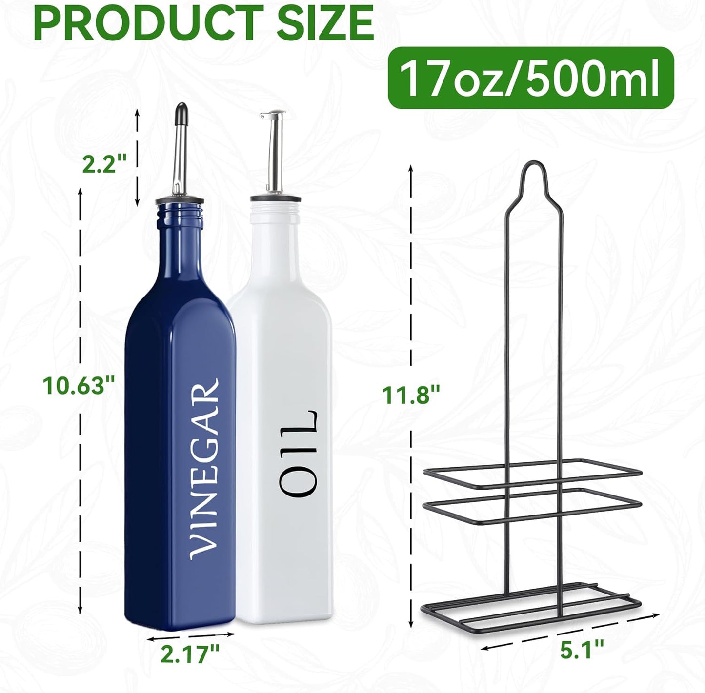 Vakoo Oil and Vinegar Dispenser Set - 17oz/500ml, Extra Thick Glass, Leak-Proof, Olive Oil Dispenser Bottle for Kitchen (White Black)