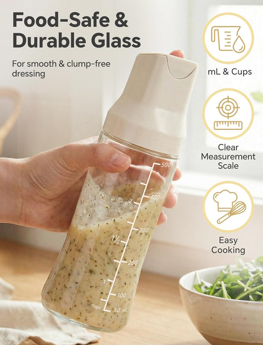 NiHome 500ml Glass Salad Dressing Shaker Bottle, Wire Whisk Ball for Powerful Mixing, Auto-Seal Spout, Dual Measurement, Dishwasher Safe Dressing Container