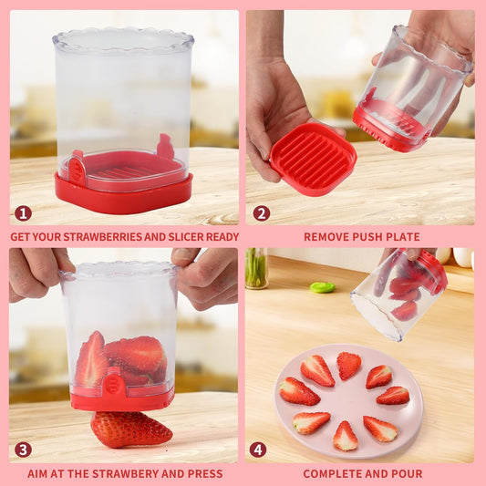 2 Pcs Fruit Slicer Cup, Strawberry Cutter Slicer Cup, Banana Egg Slicers Detachable Fruit with Push Plate, Strawberry Cutter Kitchen Gadget (Black & Red)