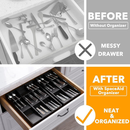 SpaceAid Bamboo Silverware Drawer Organizer with Labels, Kitchen Utensil Tray Holder Organizer for Flatware, Cutlery, Spoon and Knives Drawer Storage Organization (Natural, 6 Slots)
