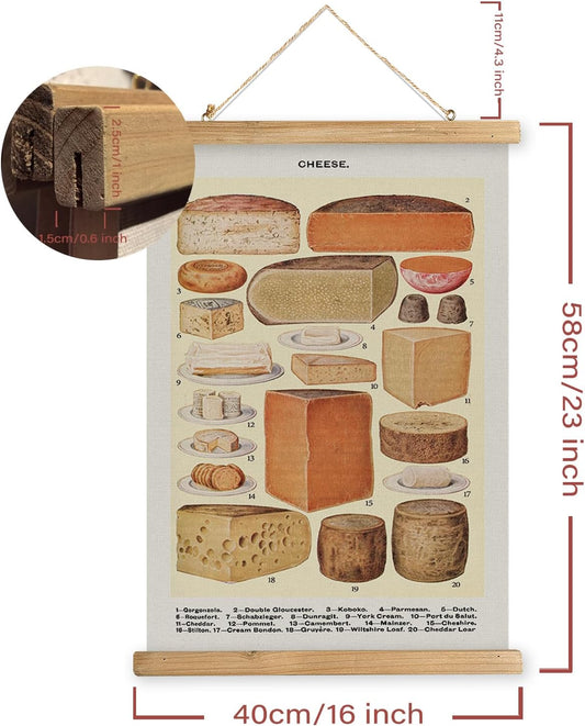 MIDEFINCH Vintage Pastry & Sweets Chart, Retro Bakery Wall Art with Wooden Hanger, Educational Dessert Illustration for Kitchen, Dining Room, Cafe, Boulangerie Decor, 16 x 23 in