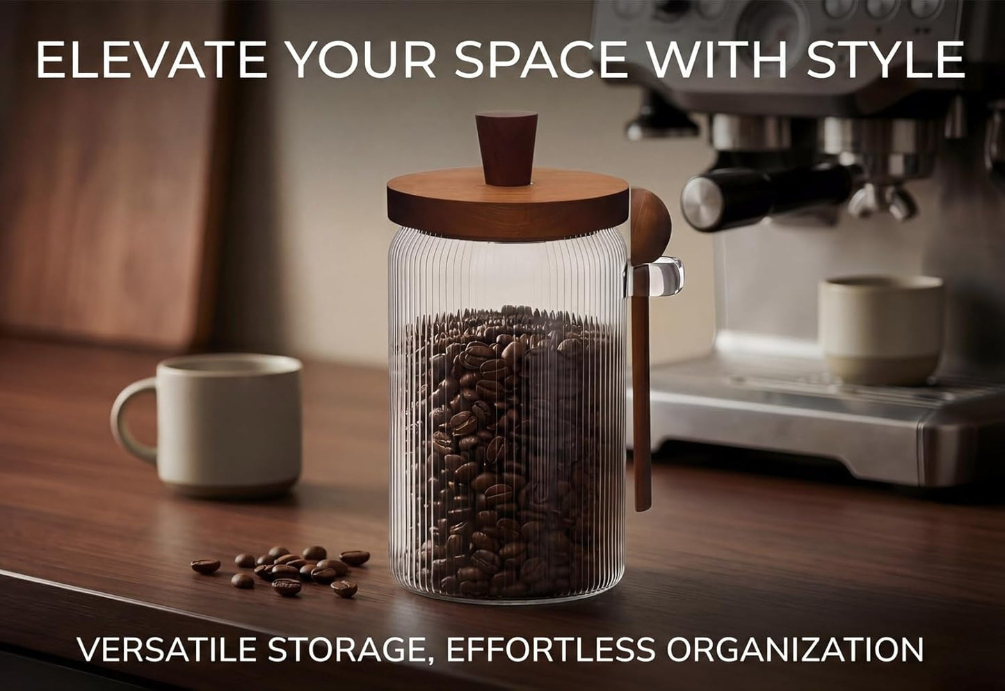 31oz Airtight Coffee Canister with Scoop, Glass Coffee Container for Bean Storage, Clear Coffee Bean Holder Jar with Acacia Wood Lid ans Spoon, Coffee Storage Container Kitchen Canister for Countertop