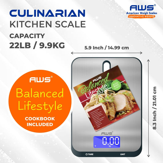 AWS Culinarian Digital Kitchen Cooking Baking Food Scale 22lb x 0.1oz | Stainless Steel with Tare, Touch Buttons, Water-Resistant Surface | Milk/Water mL Mode, Thin Design & Backlit Display
