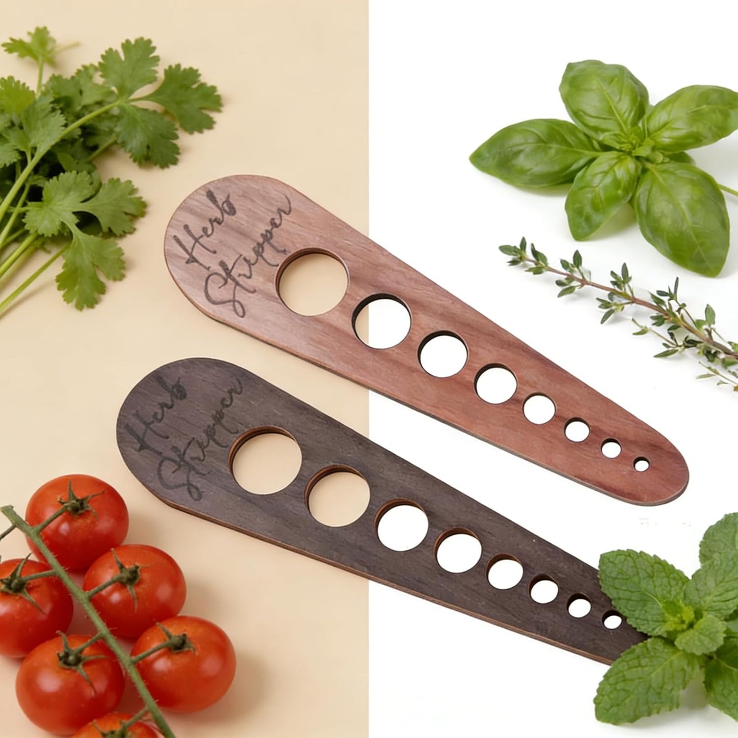 2 Pcs Herb Stripper Tool, Wooden Herb Stripping Tool, Vegetable Leaf Remover, Natural Wood Leaf Remover with 8 Hole Sizes for Herbs, Parsley, Coriander, Thyme, Rosemary