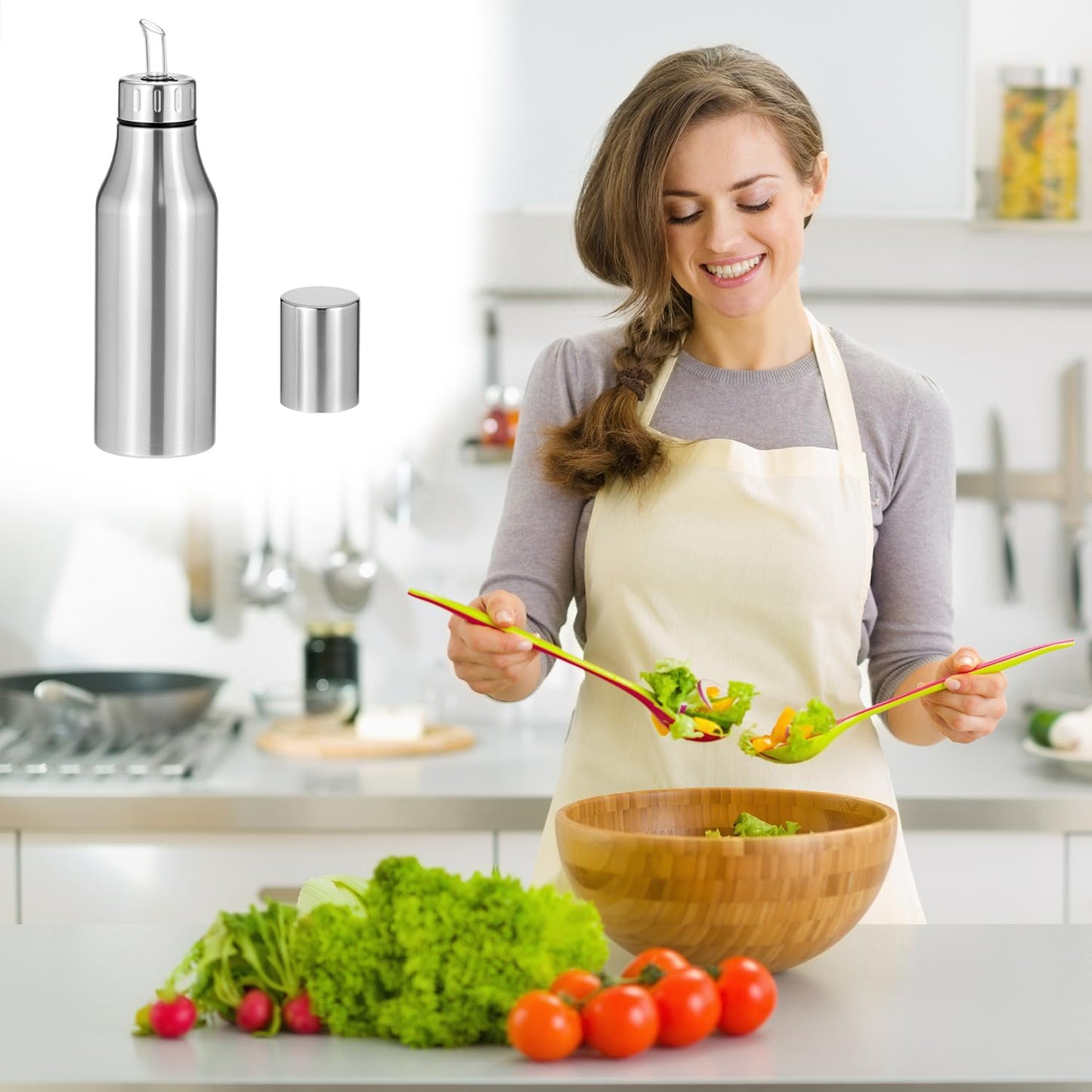 QWORK 304 Stainless Steel Olive Oil Dispenser Bottle, 25oz Oil Decanter with Easy Pour Spout, Anti-Drip Design, 750ml Oil Cruet for Kitchen Cooking & Salad Dressing, 2.9W x 10.2H