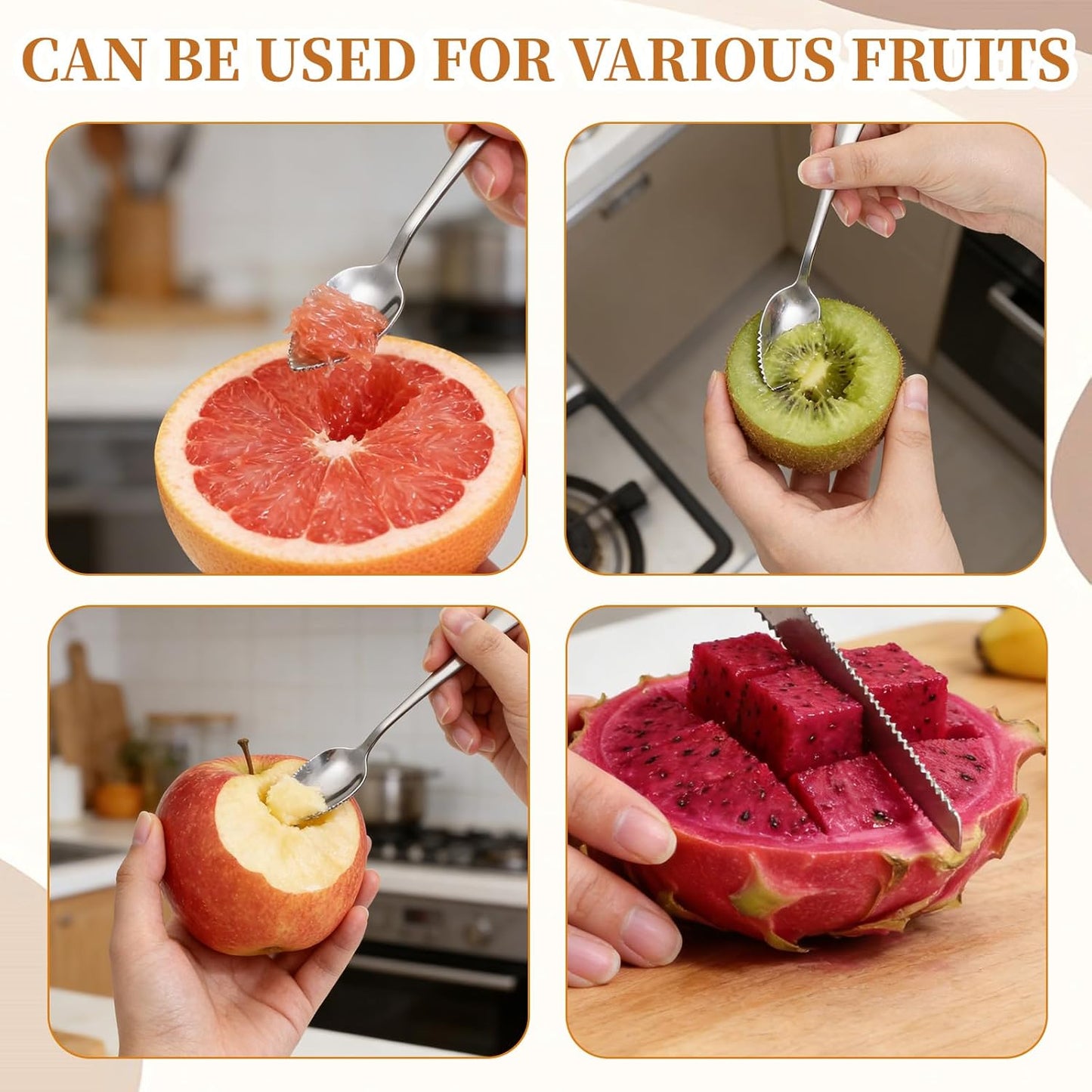 6 Pcs Grapefruit Spoon, Grapefruit Spoon Knife Set with Serrated Edge Stainless Steel Fruit Knife for Citrus Lemon Kiwi Orange Pitaya Avocado