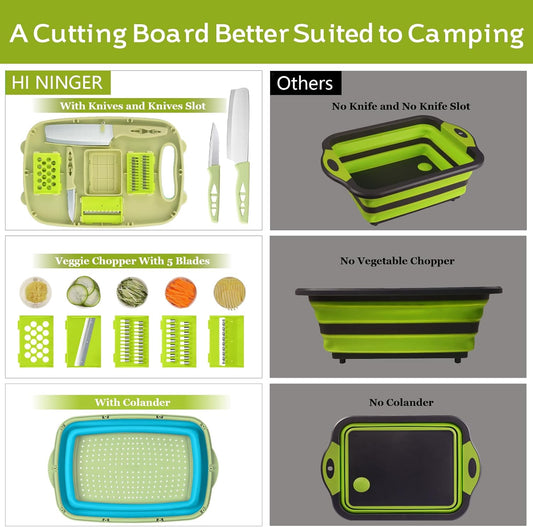 HI NINGER Collapsible Cutting Board with Colander, 9-In-1 Multi Chopping Board Kitchen Vegetable Washing Basket for Camping Gifts Camping Accessories for RV Campers