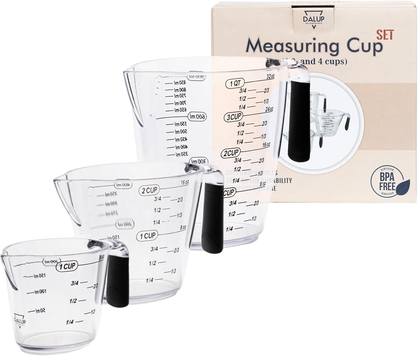 Dalup Measuring Cup Set – Clear Plastic Liquid Measuring Cups (8/16/32 oz) with Spout & Non-Slip Handle | 3-Piece Plastic Measuring Cup Set for Liquids & Dry Ingredients