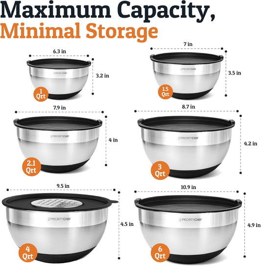 Priority Chef 6Pc Large Mixing Bowls With Lids Set with Non-Slip Bases, Stainless Steel Mixing Bowl Set, 6 Airtight Lids and 3 Graters, Turquoise