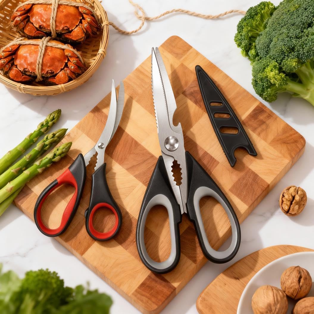 All Purpose Kitchen Shears with Protective Sheath, Heavy Duty 3 Pack Kitchen Scissors with Serrated Blade, Stainless Steel Cooking Scissors for Poultry, Food, Vegetables