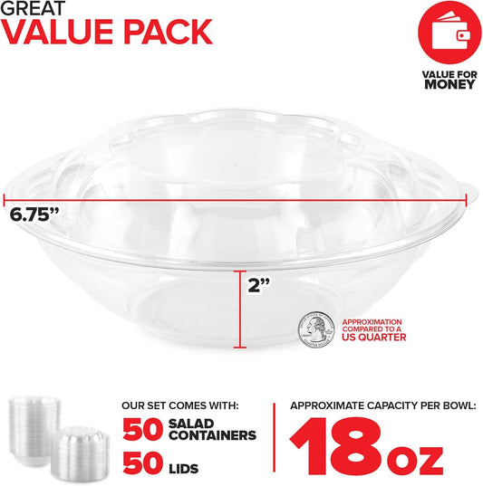Stock Your Home 32oz Clear Plastic Salad Bowls with Lids Disposable (50 Pack) Medium Takeout Container with Snap on Lid for Fruit Salads, Quinoa, Lunch and Meal Prep, Acai Bowl, To-Go Party Containers