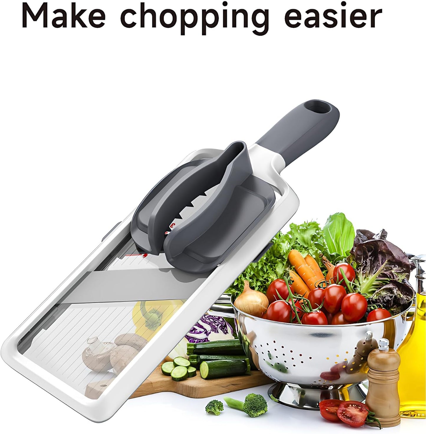 ZKIRON Handheld Mandoline Slicer for Kitchen - Adjustable 3-Thickness Vegetable Slicer (1mm-3mm) with Food Holder - Safe Potato Slicer & Cucumber Cutter for Salad, Easy to Clean (Gray)