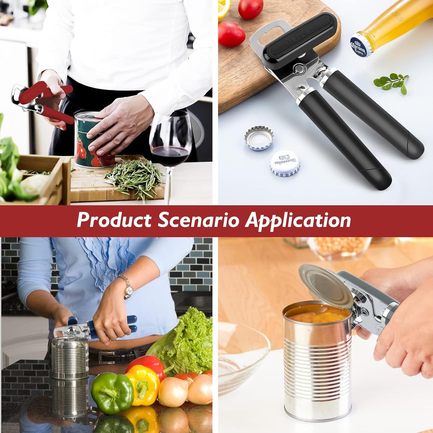Mebotem 10 Colors Can Opener Manual Handheld Heavy Duty Hand Can Opener Smooth Edge Stainless Steel Can Openers Top Lid Kitchen Gadgets, Best Large Rated Easy Turn Knob, with Bottle Opener, Burgundy