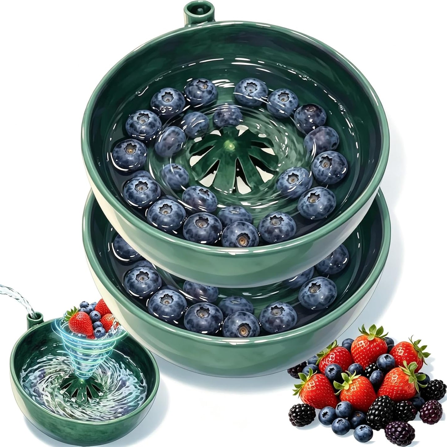 Self Spinning Berry Washing Bowl Ceramic, Automatic Berry Wash Bowl, Fruit and Vegetable Washer with Drain, Berry Bowl for Kitchen Trawberries Blueberries (1, 1pcs)