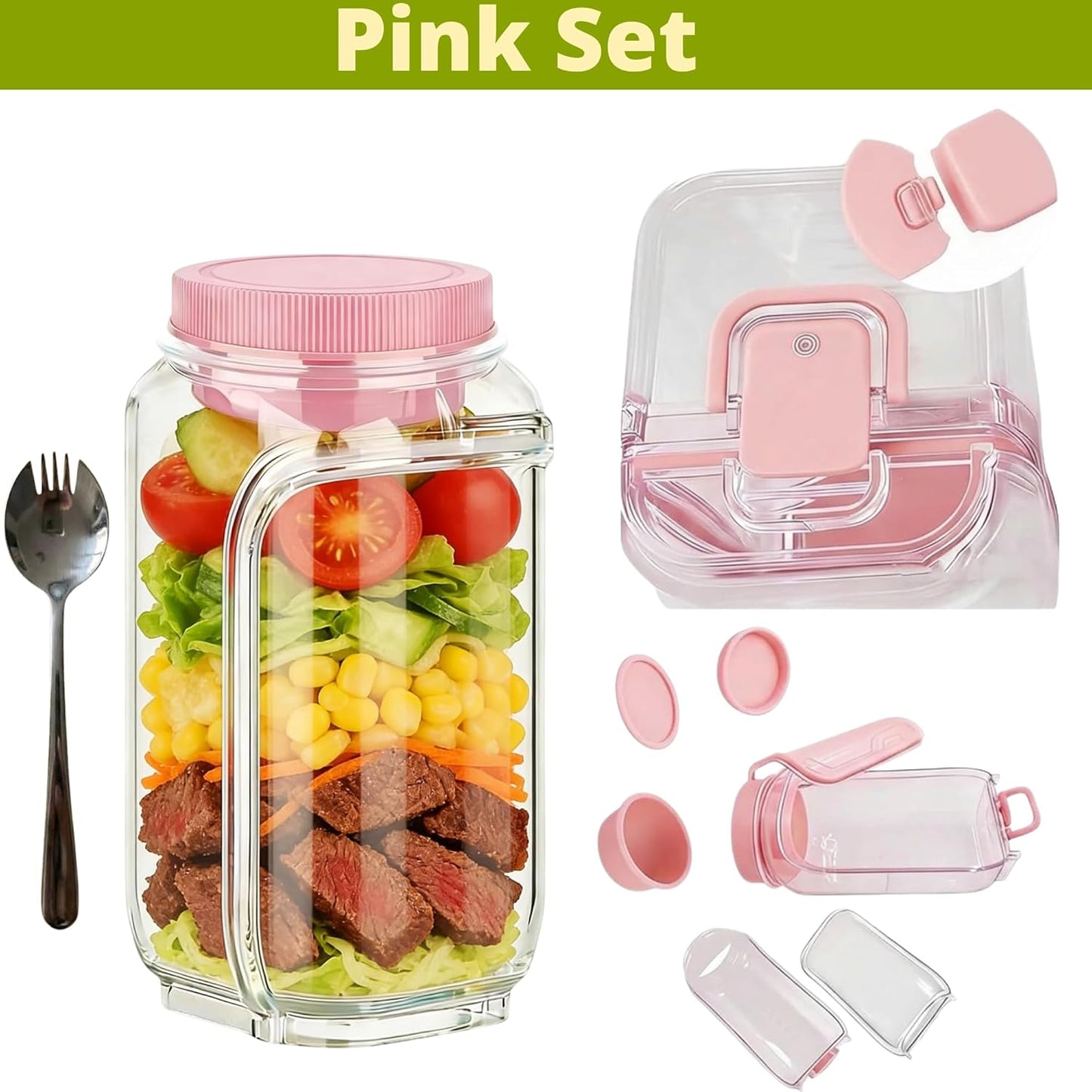 Salad Pod Mason Jar Side Open For Office, Travel, Gym & Picnic With Dressing Cup & Lid - Leak Proof Salad Container For Lunch - Safe, User-Friendly & Easy Clean Salad Jar With Side Opening ( Pink )