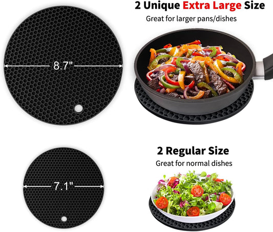 Walfos Silicone Trivet Mats - 4 Heat Resistant Pot Holders, Multipurpose Non-Slip Hot Pads for Kitchen Potholders, Hot Dishers, Jar Opener, Spoon Holder, Food Grade Silicone & BPA Free (Black)