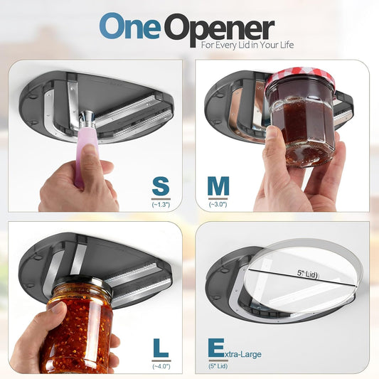 Mount-on Cabinet Jar Opener for Weak Hands,Seniors with Arthritis,Double U Shaped Grooves Grip Bottle Opener for Any Size Lid,304 Stainless Steel One-Handed Can Opener Tool for Home Assistance,White