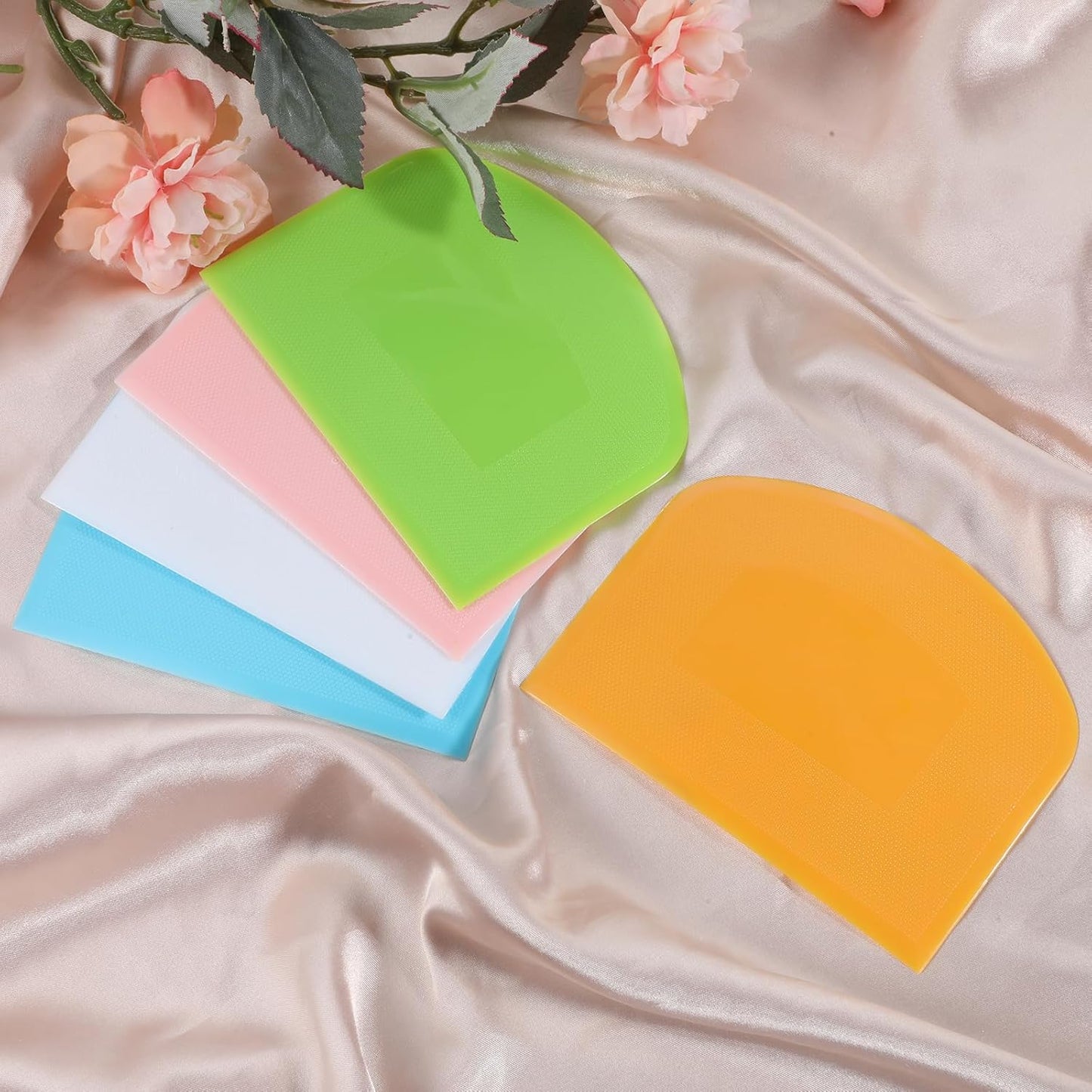5 Pcs Plastic Bench Scraper, Flexible Dough Cutter Bench Scraper for Sourdough, Food-safe Plastic Bowl Scrapers Kitchen Tool for Baking Cake Bread Fondant Icing (White, Green, Orange, Blue, Pink)