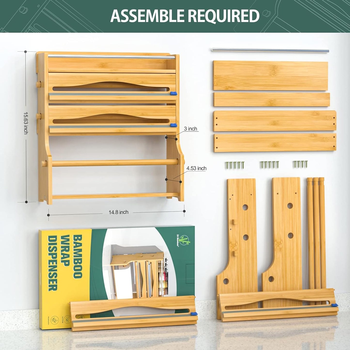 Foil Plastic Wrap Organizer Dispenser - Wall Mounted Bamboo Kitchen Paper Towel Holder with Spice Shelf,4 in 1 12" Roll Dispenser with Cutter