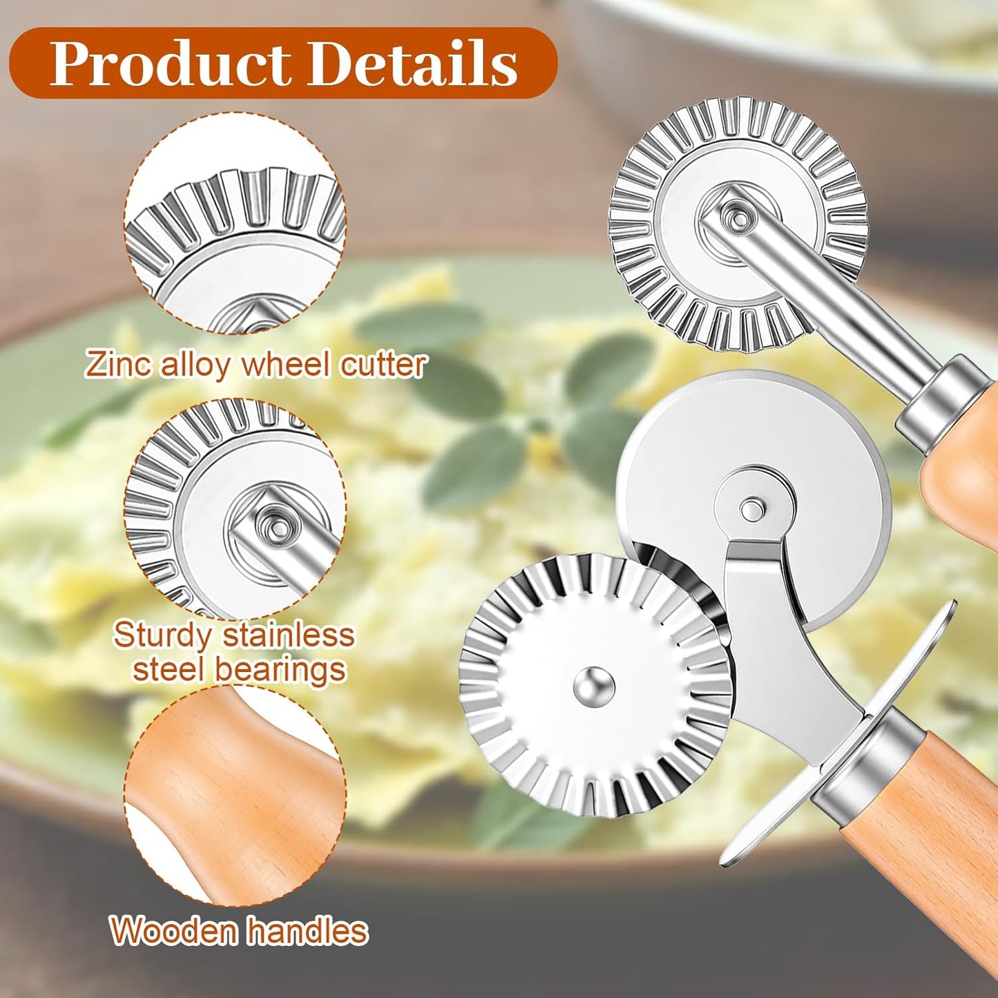 Qianyu 2 Pcs Double Fluted Pasta Cutter Pastry Wheel Cutter Stainless Steel Ravioli Crimper Edge Cheese Slicers Wheel with Wooden Handle for Home Kitchen Making Pastry Pizza Cookie Pasta Tools